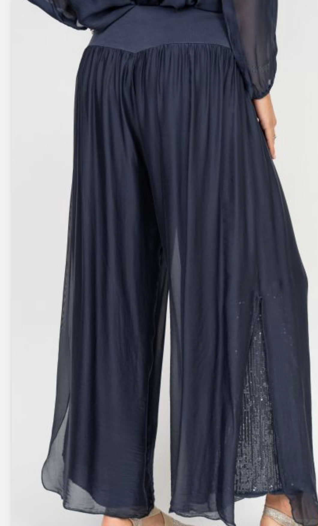 Look Mode 7313 Side Slit Silk Pant W/Sequins
