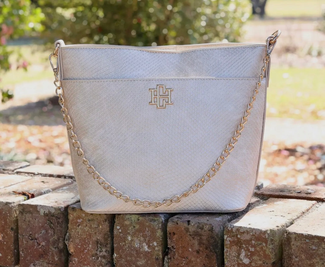 Caroline Hill Shimmer Champagne Brielle Bucket Bag