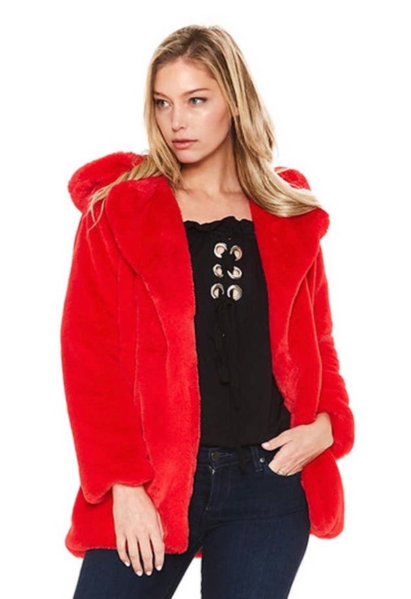 VaVa Red Faux Fur Hooded Coat'