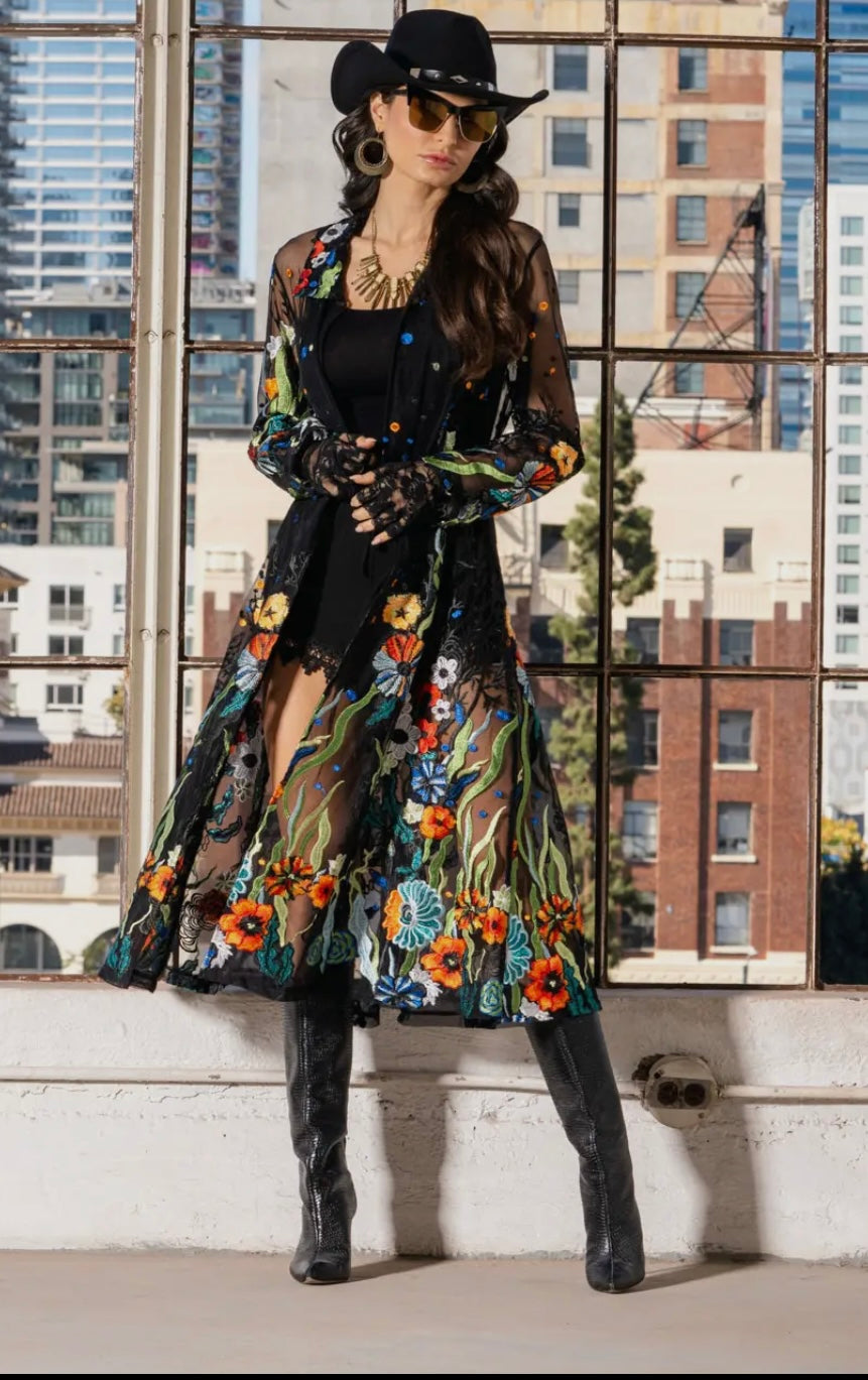 Adore T417BK Long Black Embroidered Sheer Duster