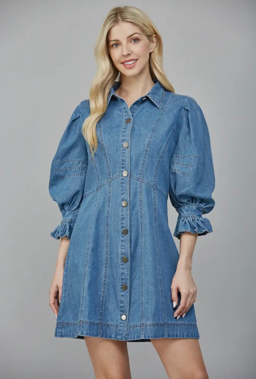 Short Puffed Sleeve Washed Denim Dress