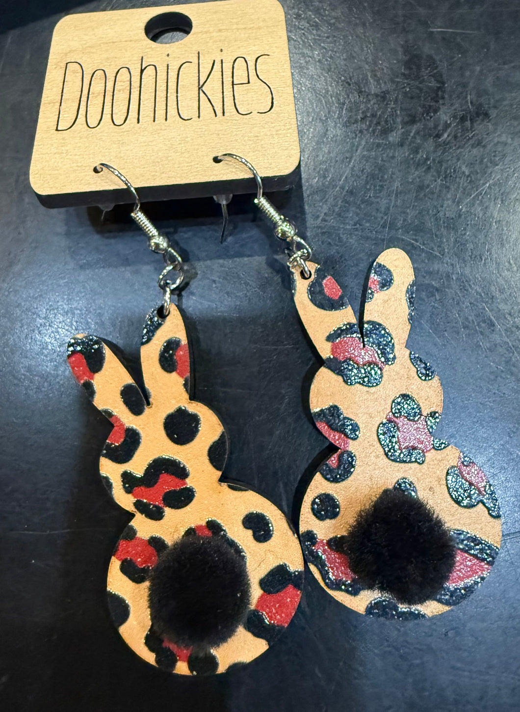 Doohickies Leopard Bunny Tail Wooden Earrings