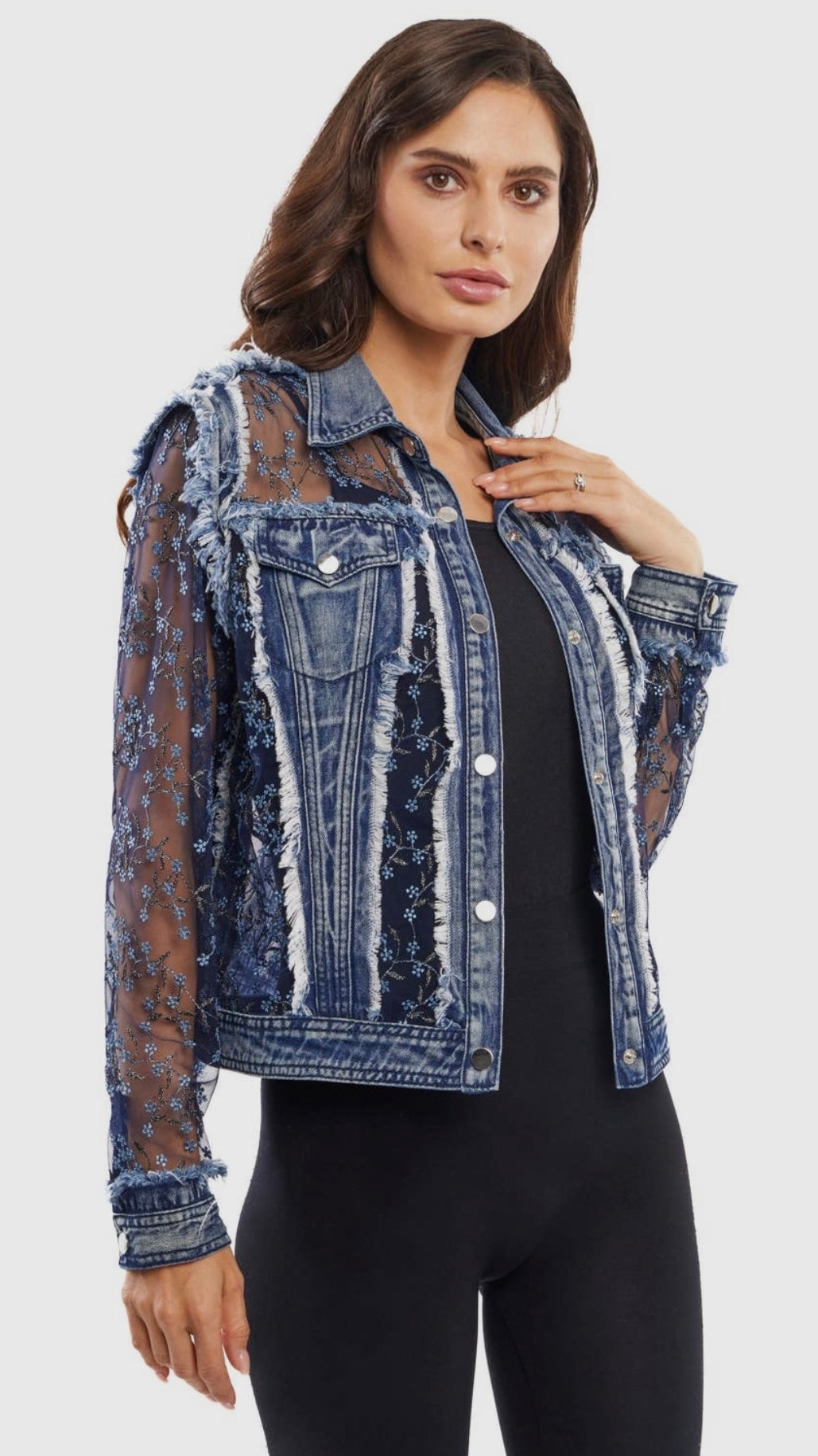 Adore A7217 1228A Denim Sheer Jacket with Embroidery