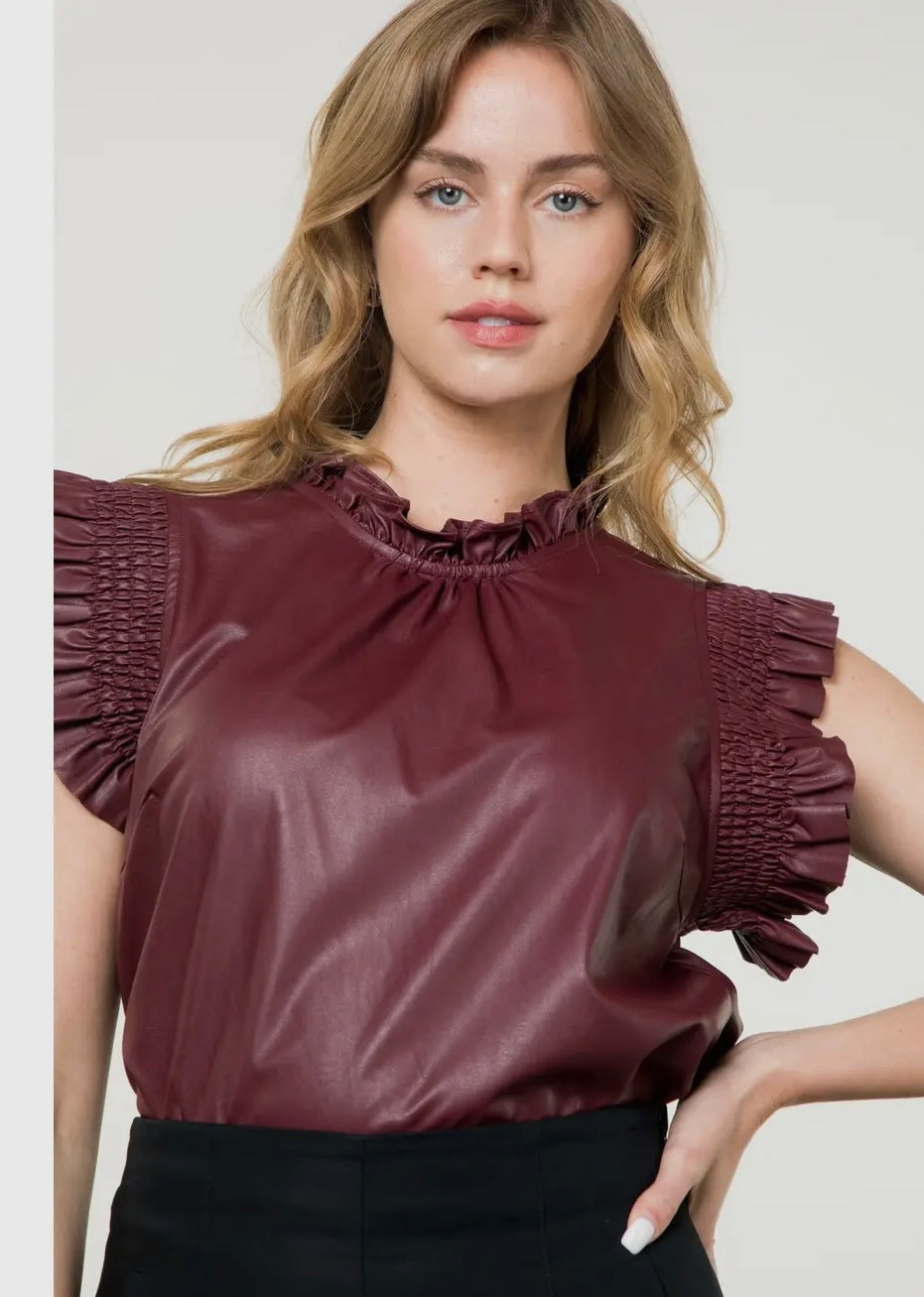 THML THS2584 Flutter Sleeve Faux Leather Top