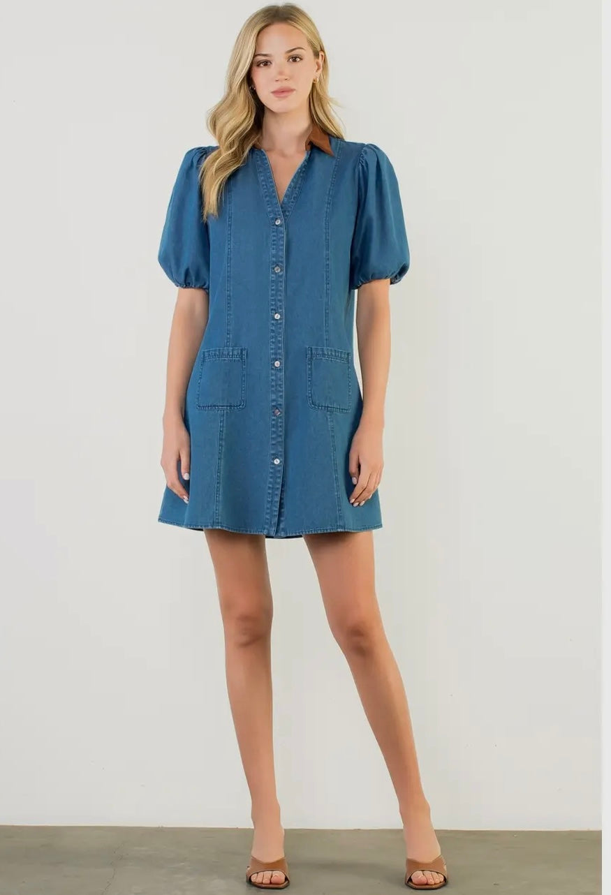 THML Contrast Collar Denim Dress