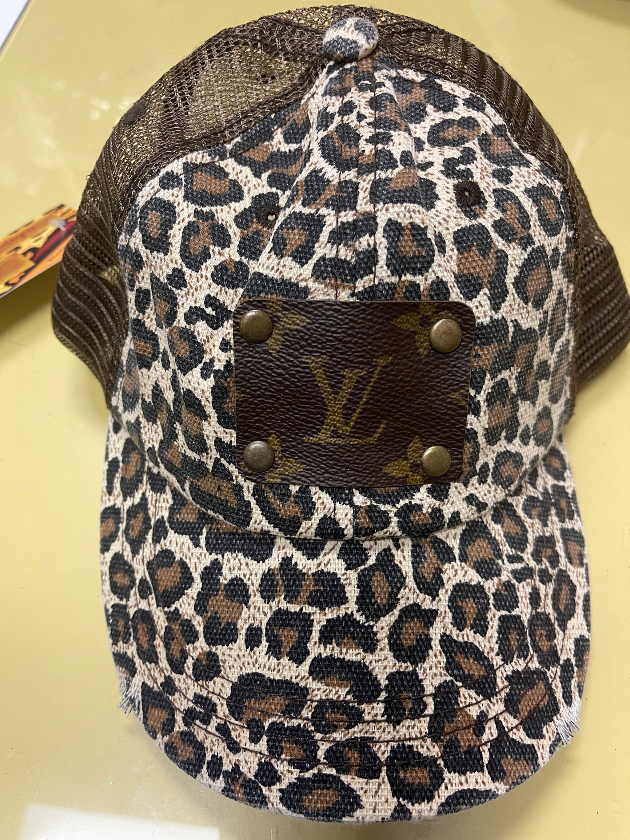 Keep it Gypsy Upcycled Louis Vuitton Patch Leopard Baseball Cap Vintage Style Patches of Upcycling Leo in Black Bill Hat with LV Patch  main image 4